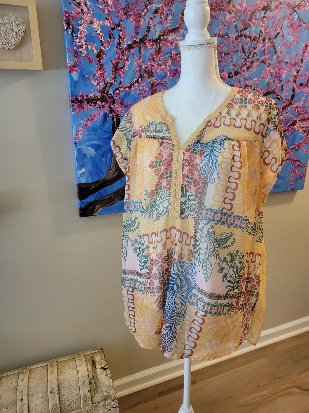 Cato Yellow Pink Patterned V-Neck Blouse